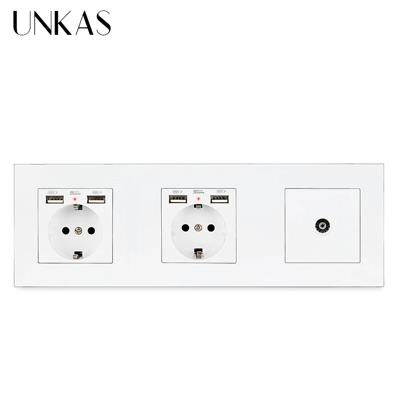 UNKAS PC Plastic Panel Double EU Standard Socket With 4 USB Charging Port 1 Gang Female TV Connector Television Outlet