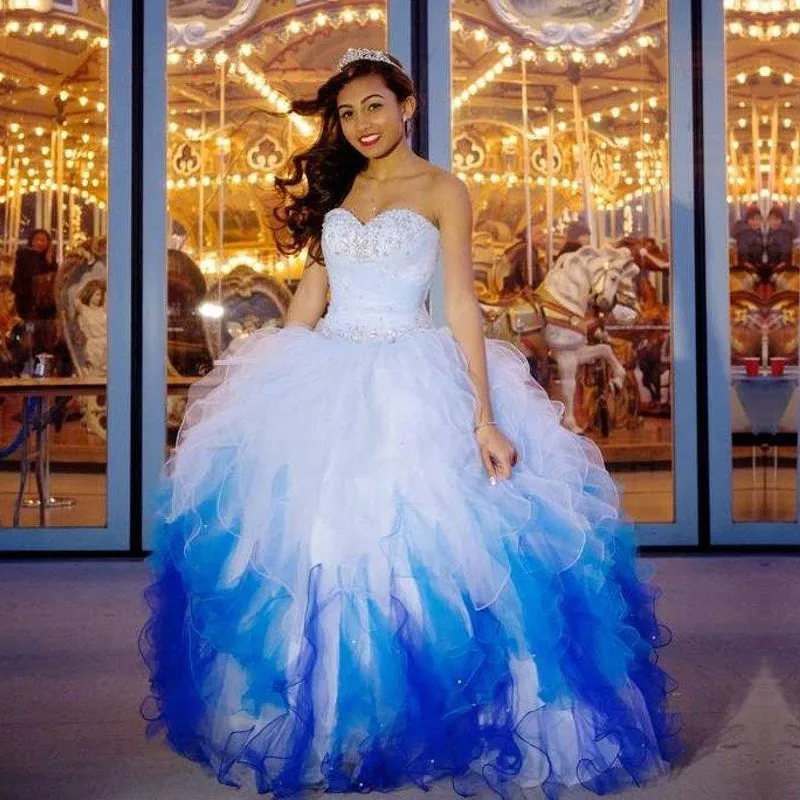 Robe De bal en Organza, à volants, cristal perlé, robe De débutante, douce, 16, bleu et blanc, robes Quinceanera