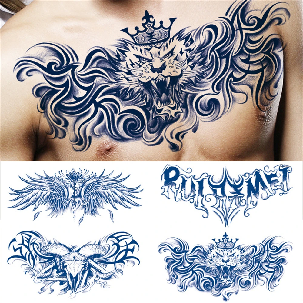 Waterproof Temporary Tattoo Sticker Wolf Crown Flash Tattoos Chest Body Art Juice Ink Long Lasting Arm Fake Sleeve Tattoo Women