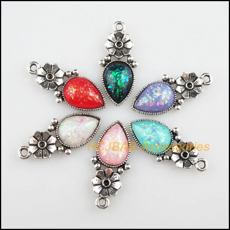 

12 Teardrop Flower Resin AB Shivering Mixed Charms Tibetan Silver 13.5x29.5mm