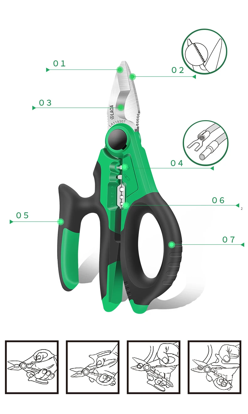 LAOA 6/7 Zoll Elektriker Schere 1,5-4 mm2 Drahtschneider Abisolieren Elektrodraht 1,5-4 mm2 Schneidklemme Crimpen Edelstahl – Detail 7