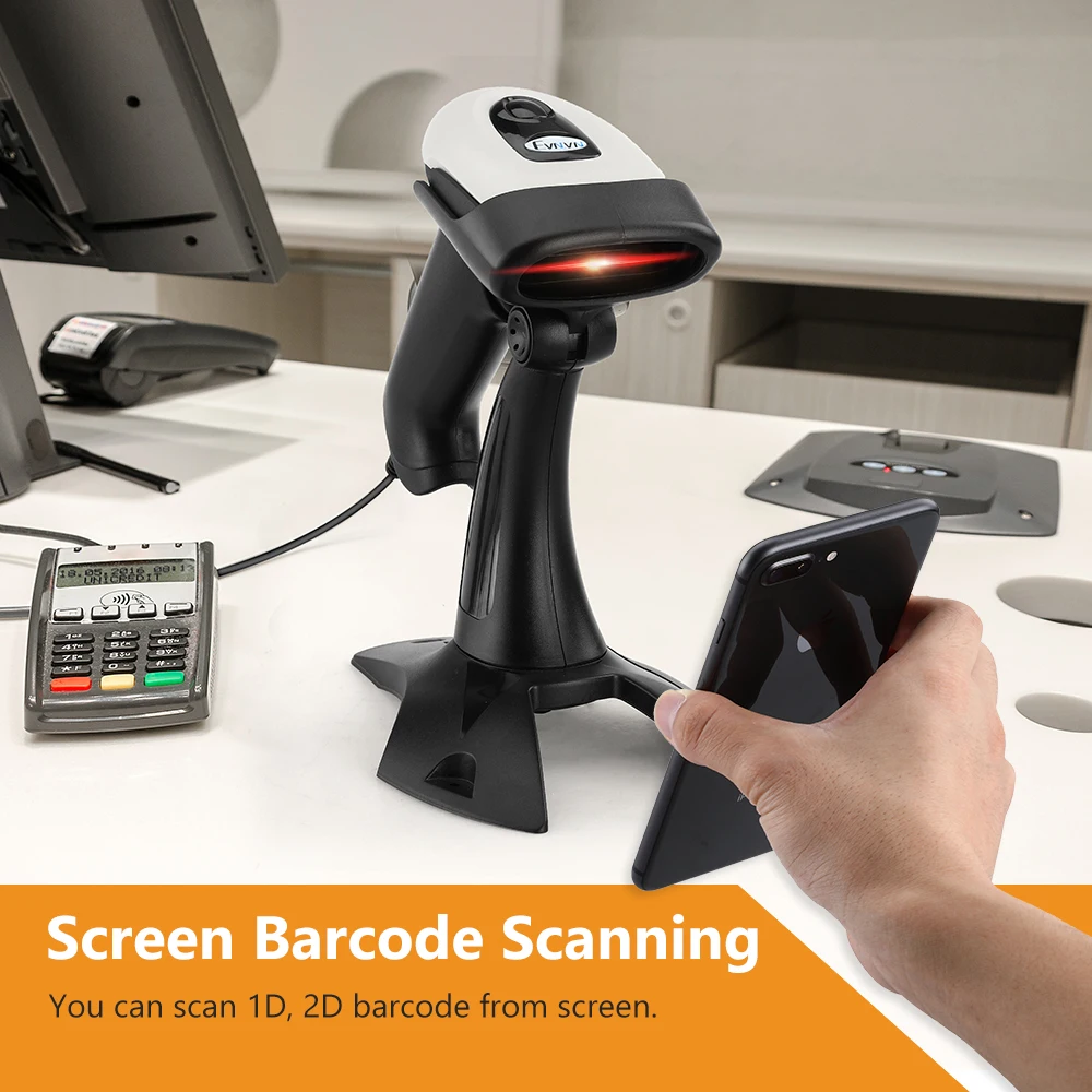 USB Wired 2D Barcode Reader with Adjustable Stand Auto Sensing,1D QR Screen Image Scanner PDF417 Data Matrix Code Scanning