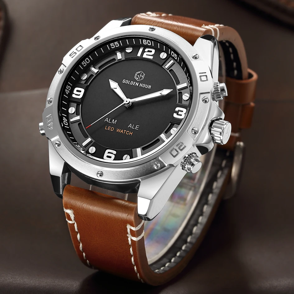 GOLDENHOUR Luxury Fashion Sport Men Watches Army Military Mens Watch Leather Waterproof Wristwatch Male Clock Relogio Masculino