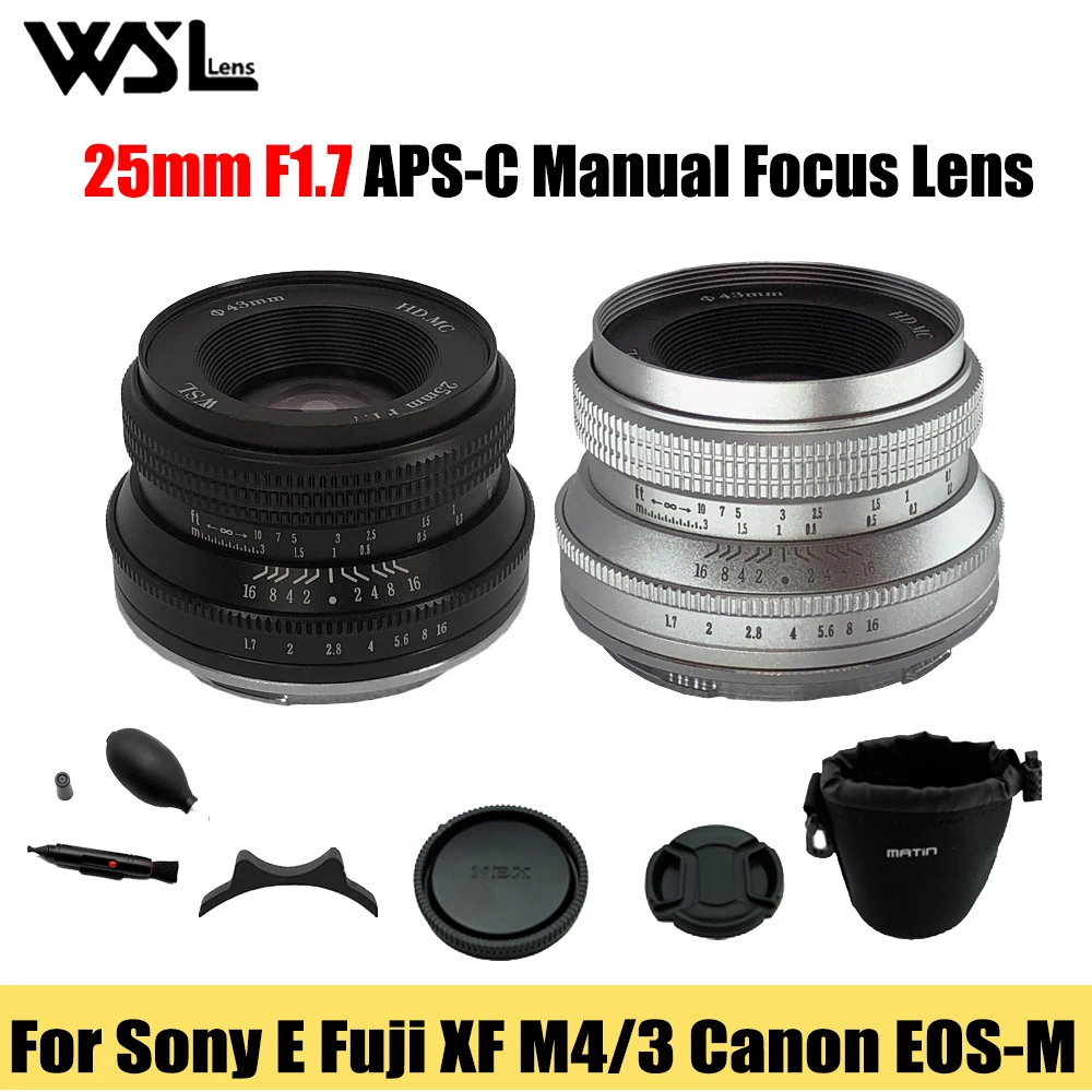 

Wesley WSL 25mm F1.7 APS-C Lens Manual Focus MF Mirrorless Cameras Lente for Canon EOS-M Sony E Fujifilm X Fuji X M4/3 Mount