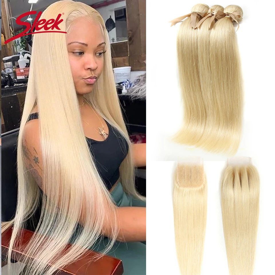 

Sleek Remy Hair Blonde 613 Color Mink 3/4 Bundles With Closure Peruvian Straight Hair Weave Bundles Hair Extension Free Shipping