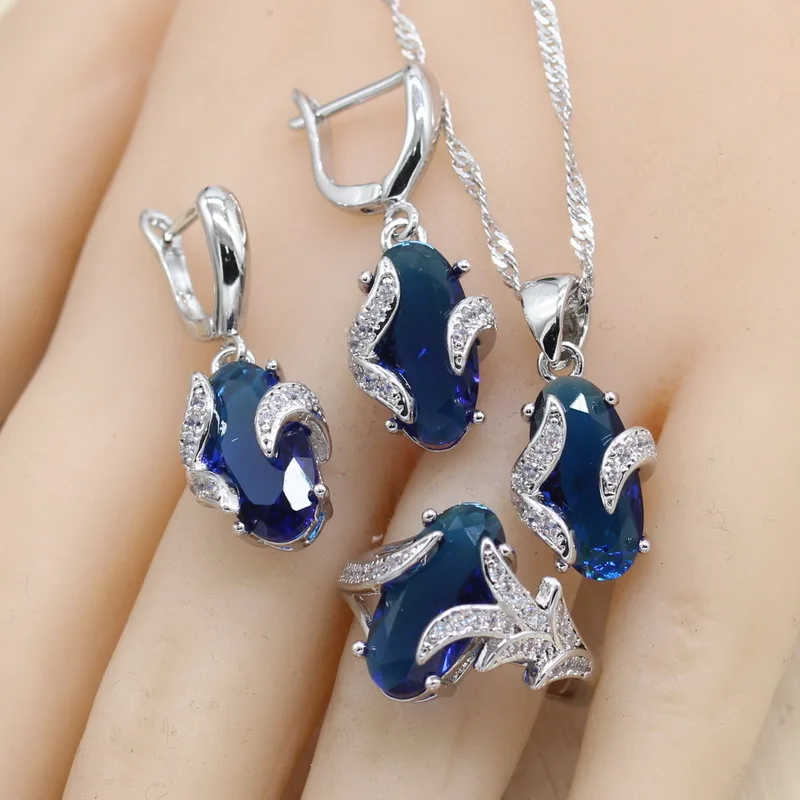 Oval Royal Blue Semi-precious Women Silver Color Jewelry Sets with Bracelet Necklace Pendant Earrings Ring Birthday Gift