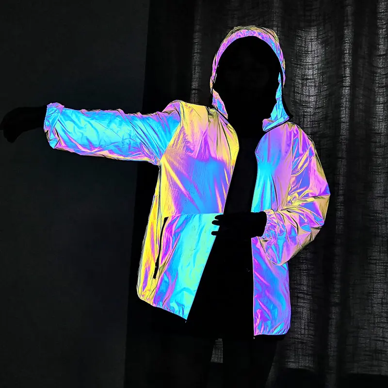 Women Autumn Hooded Reflective Jacket Rainbow Coat Hip Hop Rap Dance Zipper Soft Fabric Girls Safe Wear Dropshipping