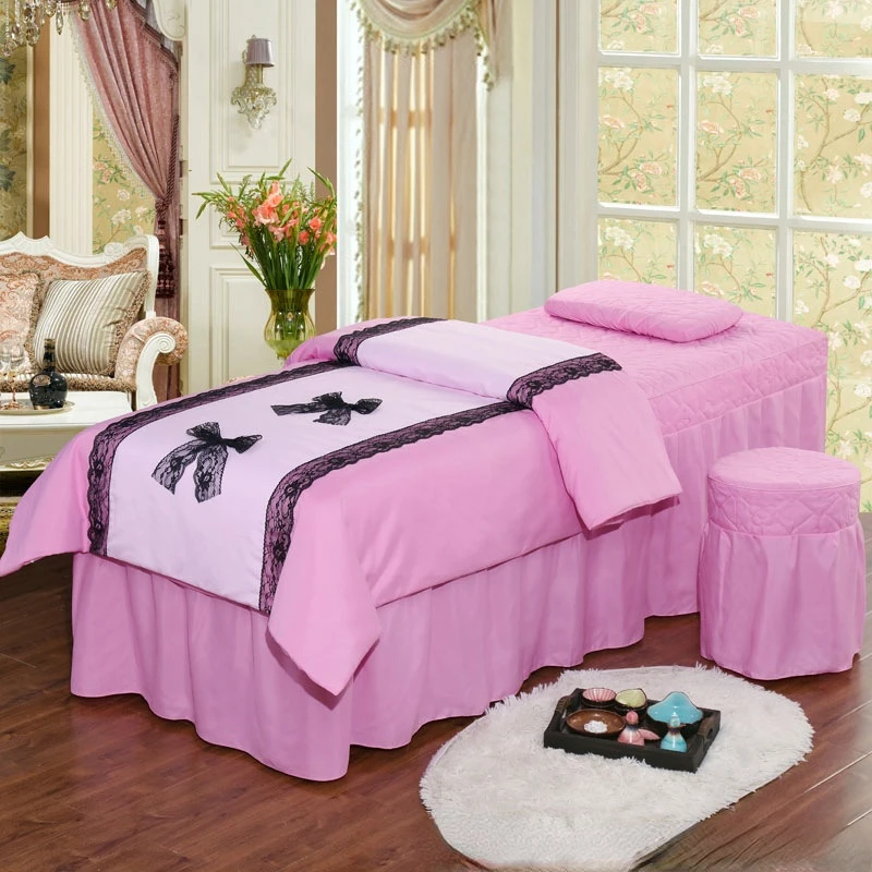 4pcs/set Lace Butterfly Beauty Salon Bedding Set Tuina Massage Therapy Spa Bedskirt Stoolcover Pillowcase Duvet Cover Sets