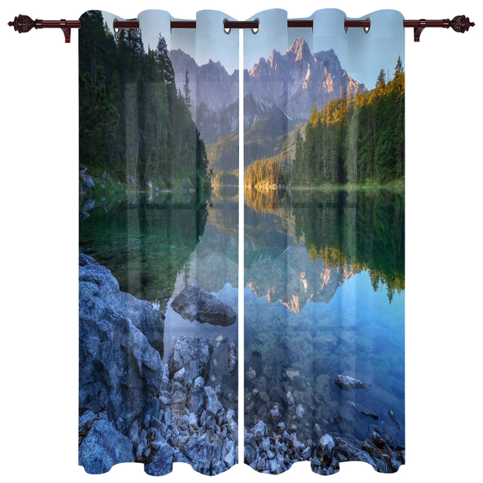 Lake Trees Mountain Peaks Kitchen Curtain Kids Bedroom Living Room Balcony French Windows Curtain Fabric Pergola Bathroom