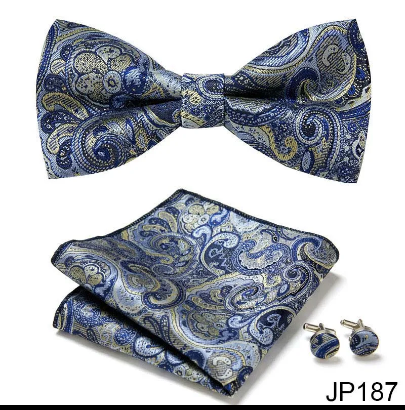 Great Quality Silver Office Butterfly Hanky Cufflink Set Bowtie For Men Geometric Hombre Formal Clothing