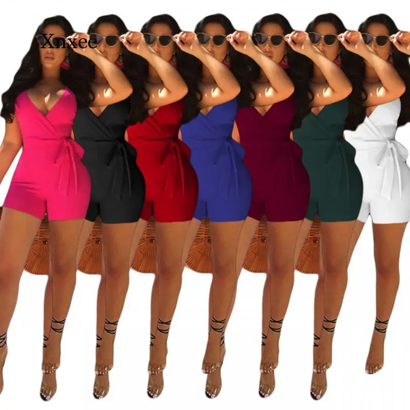 Women 's Sexy Spaghetti Strap Jumpsuit Summer Solid Elegant Romper V Neck Shorts Belt Sexy Club Fashion Clothing Bodycon