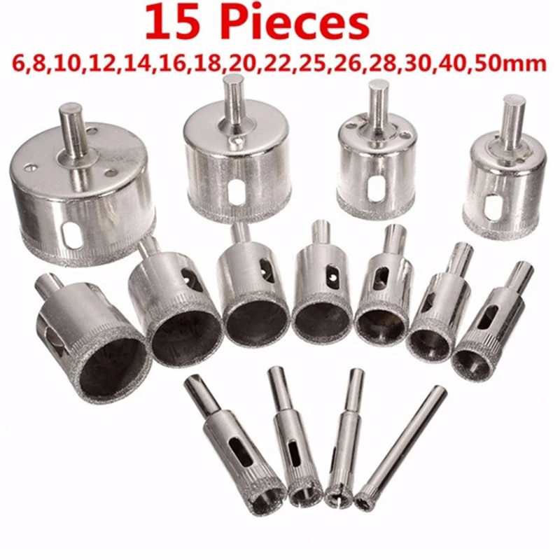 15pcs/set 6mm-50mm Diamond Coated Hole Saw Drill Bit Cutter Core Shaft Tool Kit for Ceramic Porcelain Glass Marble