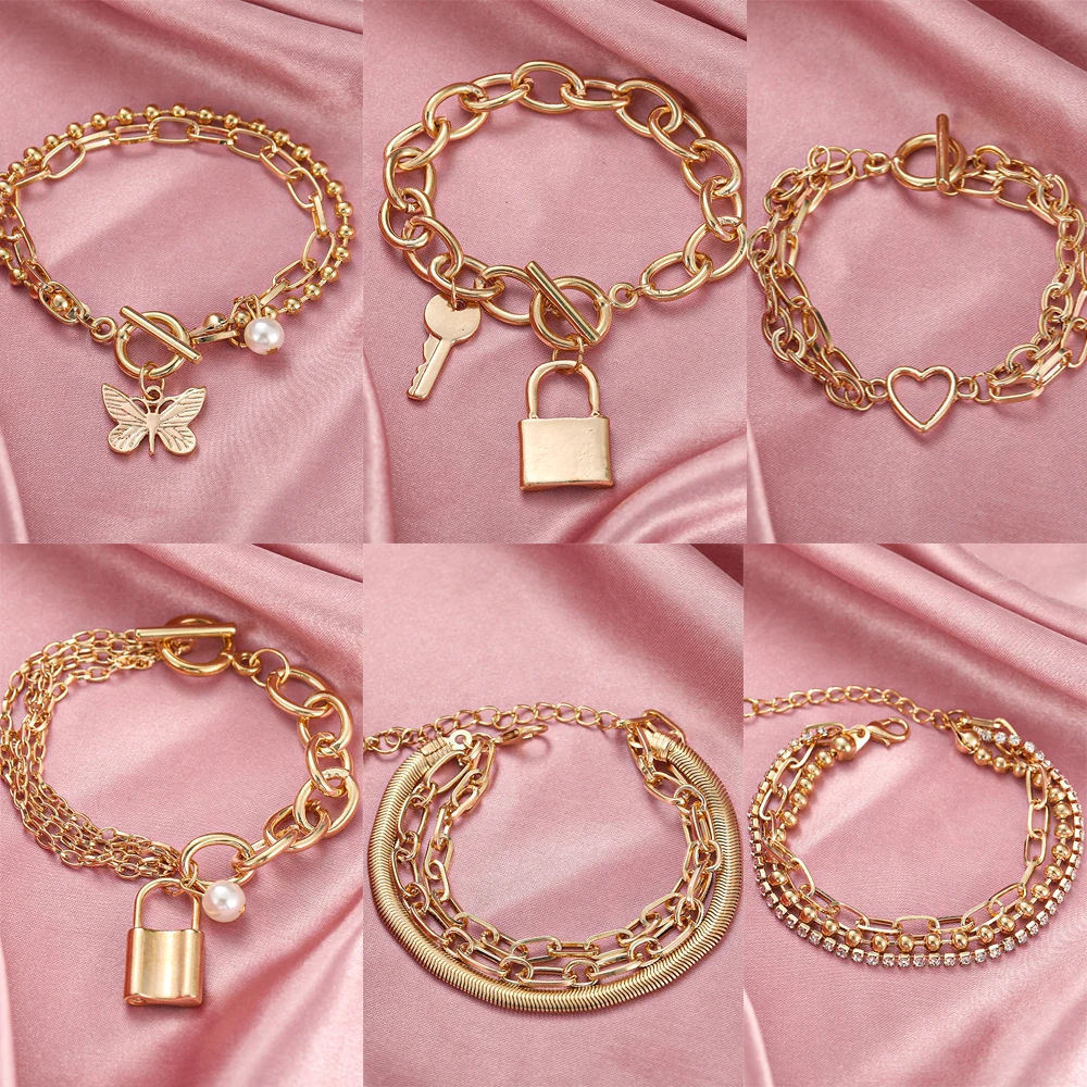 Punk Gold Color Multi-Layer Butterfly Lock Heart Chain Bracelets Set Retro Geometric Snake Pendant Charm Bracelet Trend Jewelry