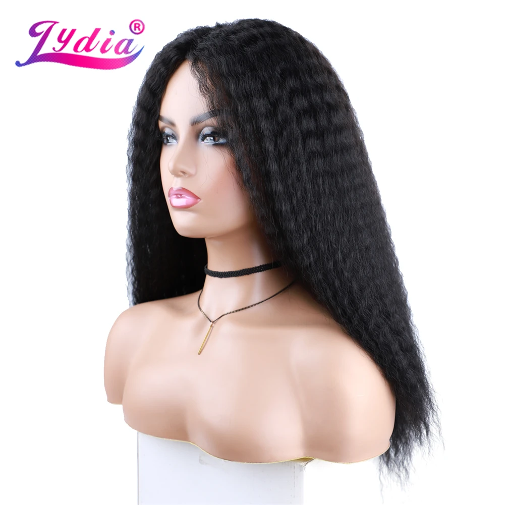 Lydia Long Kinky Straight Synthetic Hair Wigs For African American Women  Head Line Black 18-22 Inch Kanekalon Afro Wig