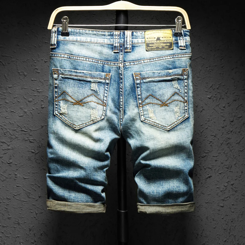 Ripped Jeans Men Denim Shorts Pants Retro Blue Stretch Slim Fit 2023 Summer Hip Hop Streetwear Torn Jeans For Man Shorts