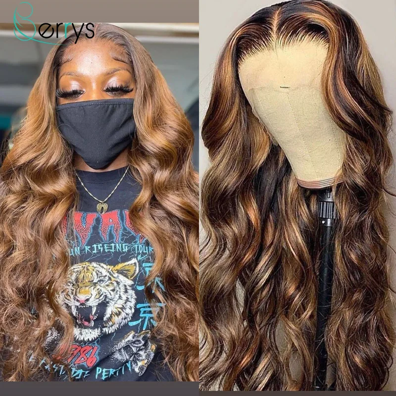 30inch Highlight Wig Brown Colored Human Hair Wigs for Women Ombre Body Wave Lace Front Wig Highlight Lace Front Human Hair Wigs