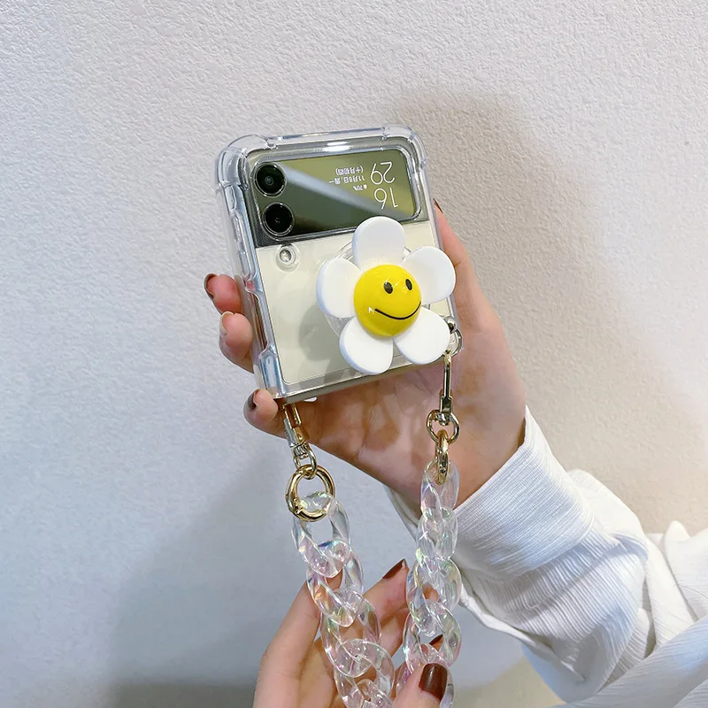 Bracelet Hand Chain  smiling Holder Phone case For Samsung Galaxy Z Flip 3 Clear Shockproof Z Flip Cover