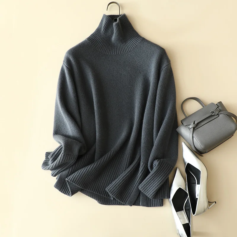 europe winter chic chunky knit 100% cashmere turtleneck sweater women long sleeve thick warm jumper