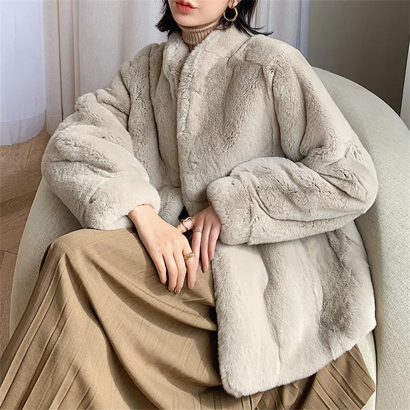 

Stylish Women's Medium Long Artificial Wool Faux Mink Coat Stand Collar Lantern Sleeve Fashion Warm Plush Winter Women's Wear