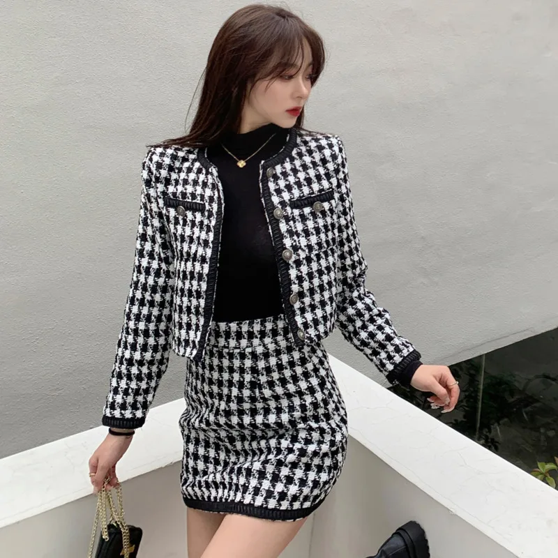 Two-piece Suit 2023 Spring Korean Style Lattice Long Sleeve Slim Sexy Coats Temperament Mini Skirt Fashion Sets Womens Clothing