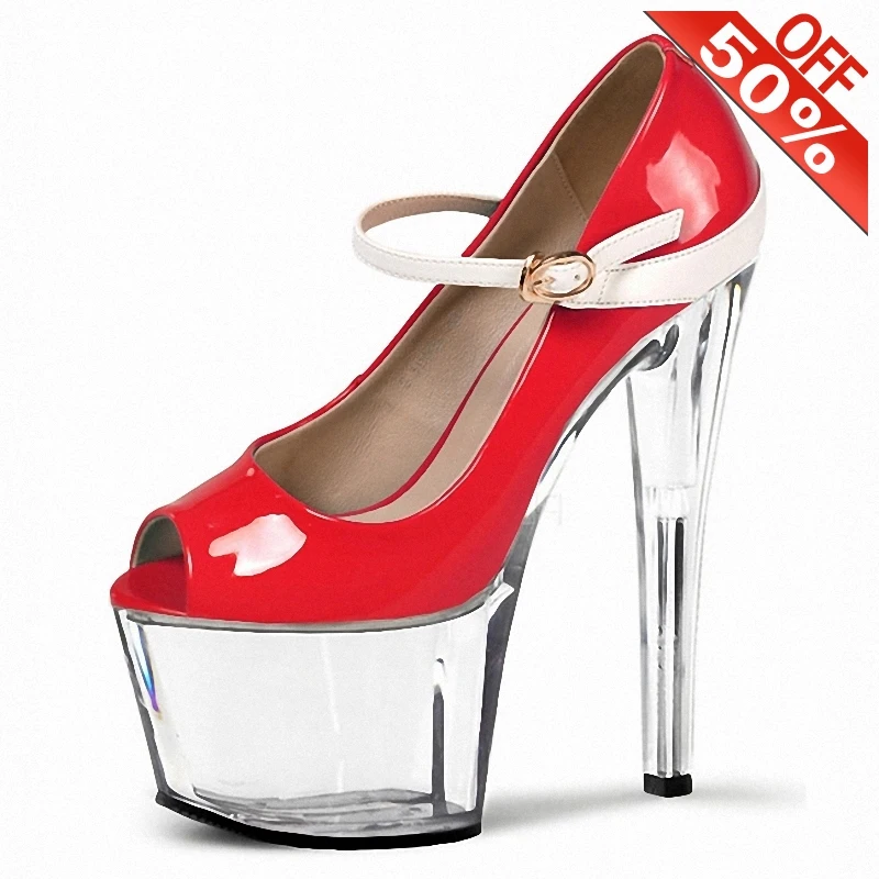 

Sexy Patent leather Shallow Peep toe Buckle strap Thick platform Women's Pumps 17cm High heeled shoes Fetish 7 inches Novelty