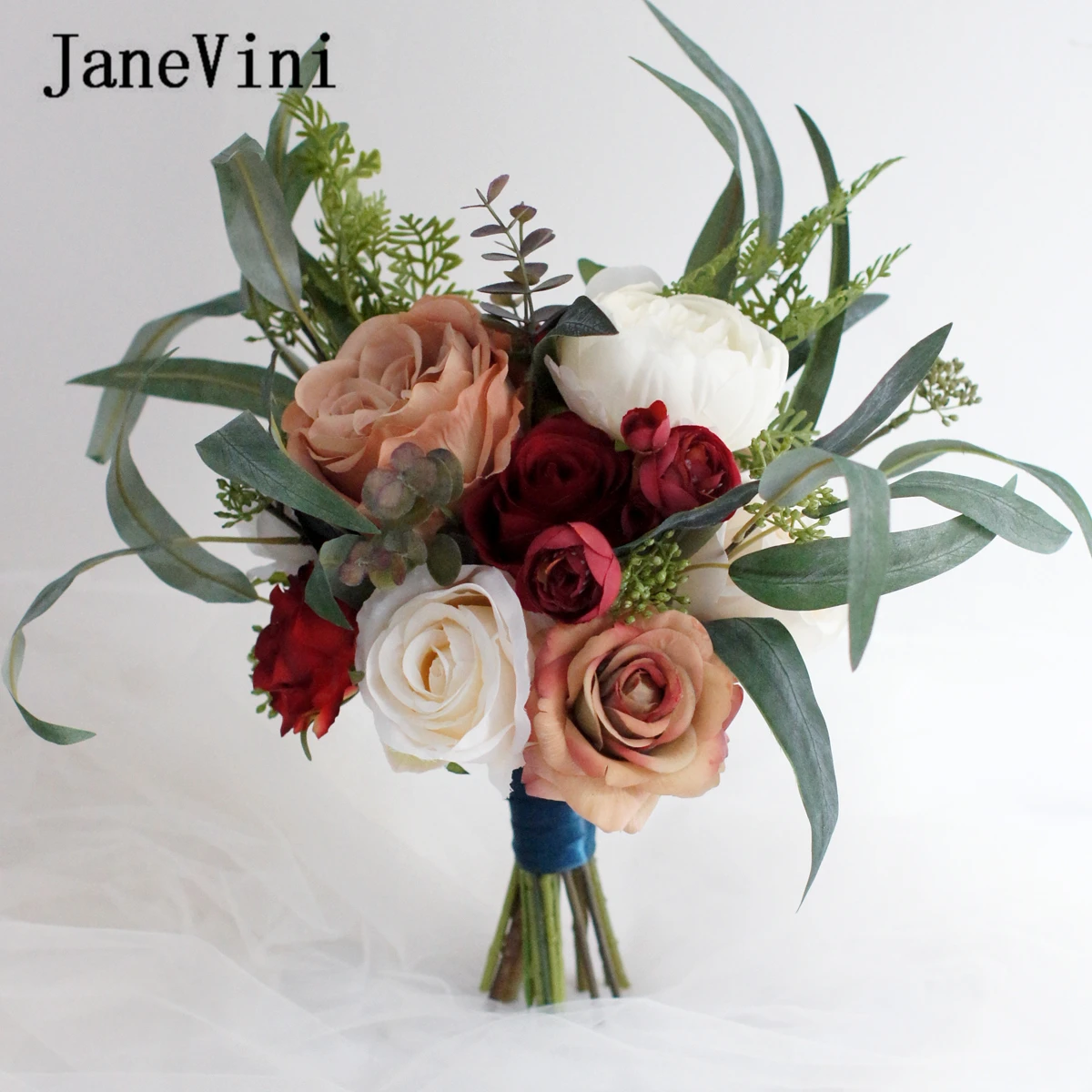 

JaneVini Vintage Autumn Bridal Bouquets Handmade Silk Roses Green Eucalyptus Bouquet Flowers for Bride Wedding Accessories 2021