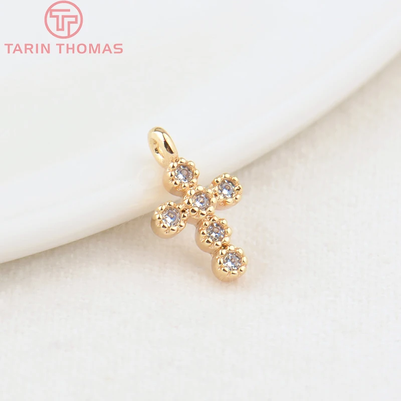 

(201)4PCS 6x10MM Hole 1MM 24K Gold Color Brass with Zircon Cross Charms Pendants High Quality DIY Jewelry Making Findings