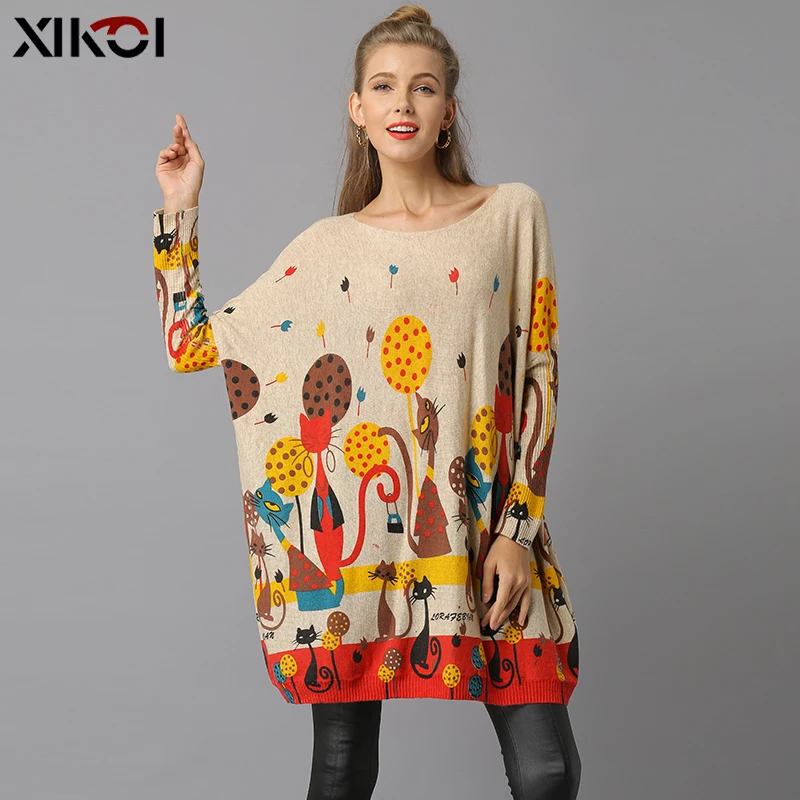 XIKOI Winter Cats Sweater For Women Oversized Pullovers Knitted Long Beautiful Jumper Fashion Printed Pull Femme O-Neck Clothes