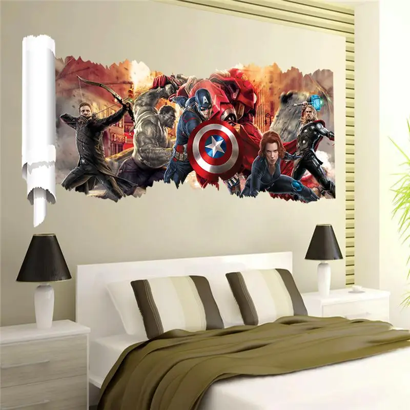 Captain America The Avengers Naklejki ścienne do pokoju dziecięcego Dekoracja domu Diy 3d Broken Hole Mural Art Super Heros Naklejki ścienne