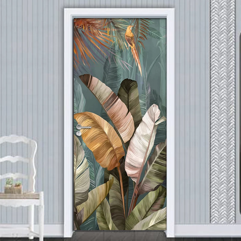 3D DIY Self-adhesive Door Sticker Plant Banana Leaf Bedroom Poster Door Mural PVC Waterproof Removable Art Wallpaper Home Decor