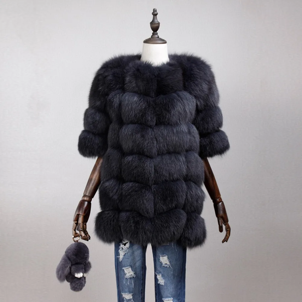 

Women's Natural Fur Coat Winter Warm Coats Half Sleeve Plus Size Long Coats Real Fox Fur Striped Outwear Fur Story FS161178