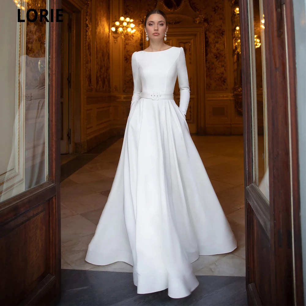 LORIE A-linie Einfache Brautkleider Satin mit Spitze Perlen Braut Kleider mit Langarm Strand Boho Prinzessin Party Kleider 2021