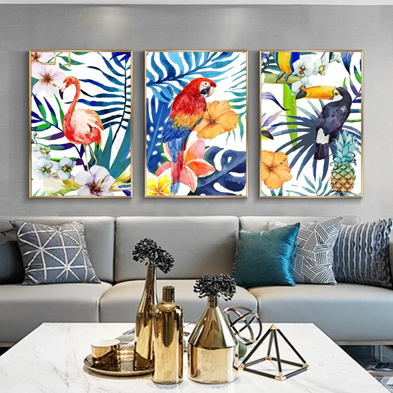 

Scandinavian Home Decor Cuadros Poster And Print Watercolor Canvas Painting Parrot Flamingo Modular Nordic Wall Art Picture