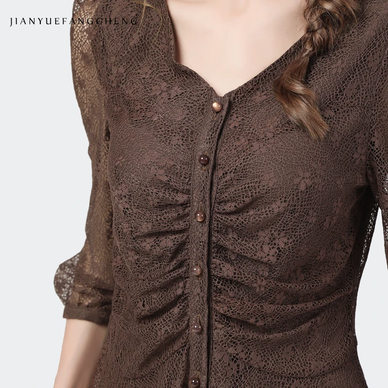 100% Nylon Sexy Hollow Out Women Lace Tops Summer New Fashion Slim V-Neck Seven Sleeves Shirts Elegant Vintage Floral Brown Top