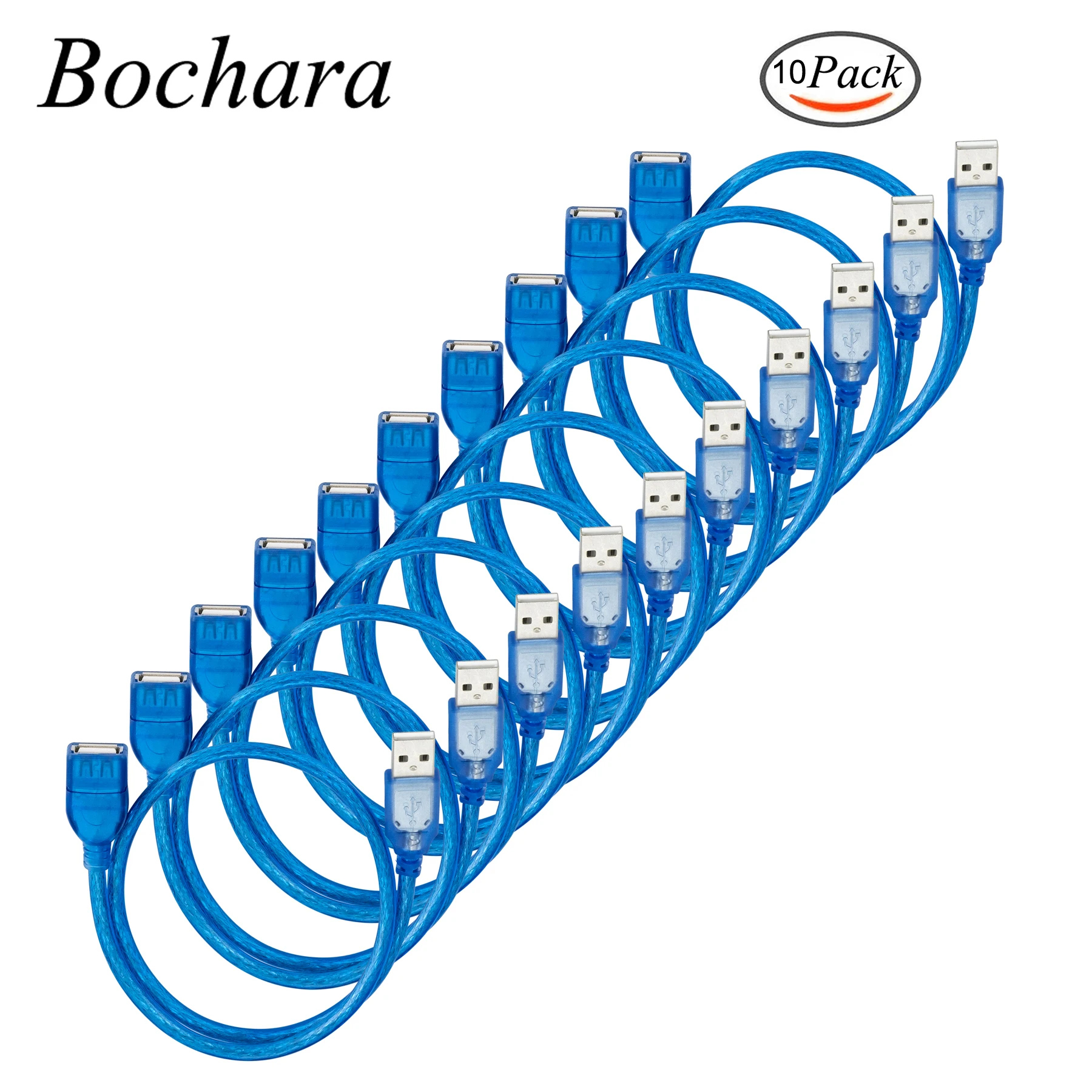 Bochara USB 2.0 Extension Cable Male to Female M/F Dual Shielding(Foil+Braided) High Speed Transparent Blue10Pack