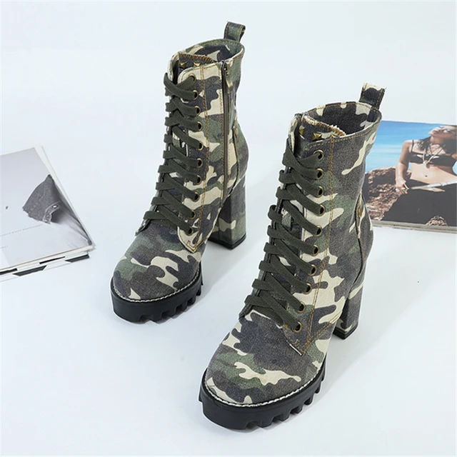 Camouflage Women Ankle Boots Lace up Chunky High Heel Platform Botas Mujer Ladies Autumn Denim Shoes Riding Boot AliExpress 322