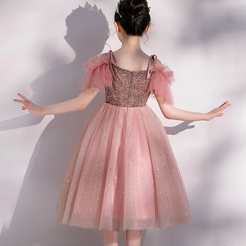 Flower Girls Dress Sequin Tutu Kids Pink Princess Dresses Children Ruffle Tulle Mid Length Party Gown Wedding Bridesmaid Fancy