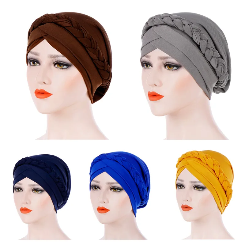 Forehead Cross Turban Bonnet For Women Pure Color Cotton Braid Inner Hijabs Indian Wrap Hijab Underscarf Caps Muslim Headdress