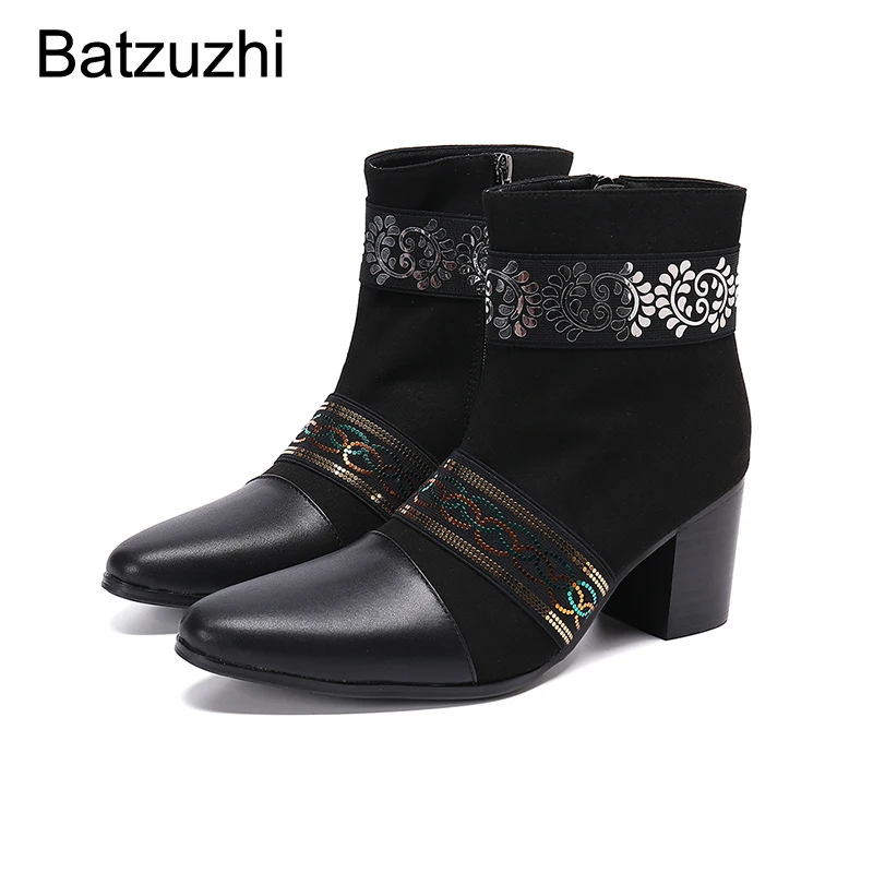 

Batzuzhi 7.5cm High Heels Boots Men Pointed Toe Black Suede Leather Ankle Boots Men Zip Motorcycle Botas Hombre, Big Size US6-12