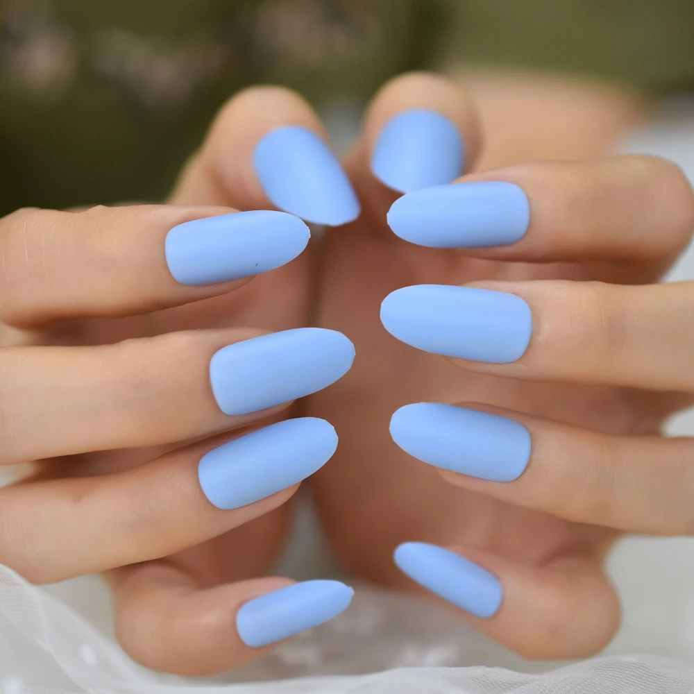 Sky Blue Oval False Nail Matte Acrylic Press On Nails Manicure Accessories Medium Long Adhesive Nail Plate