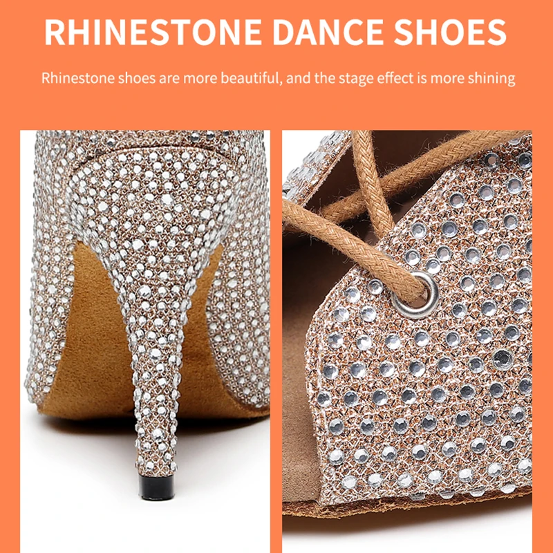 Rhinestione High Top Latin Dance Boots For Woman Lace Up Ballroom Laino Dance Shoes For Girls High Heel Salsa Dancing Shoes