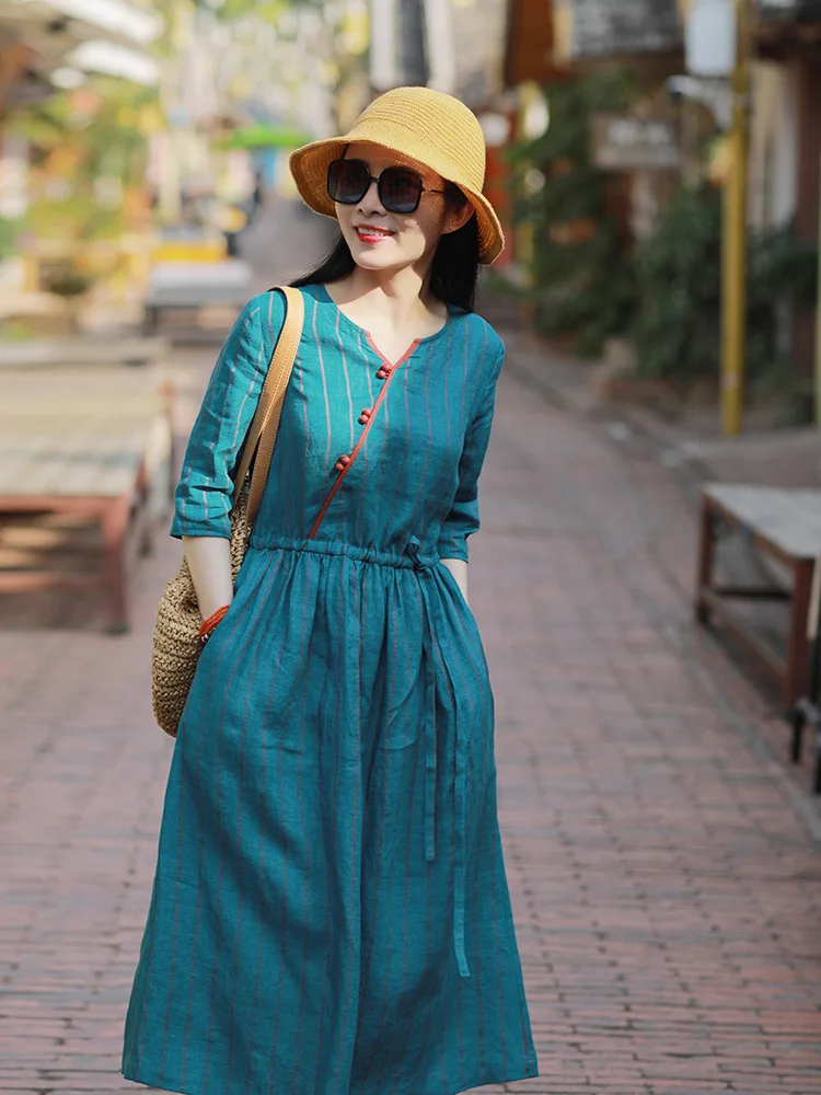 Summer New Linen Striped Literary Long Dress Dresses For Women 2021 Summer Dress Sundress