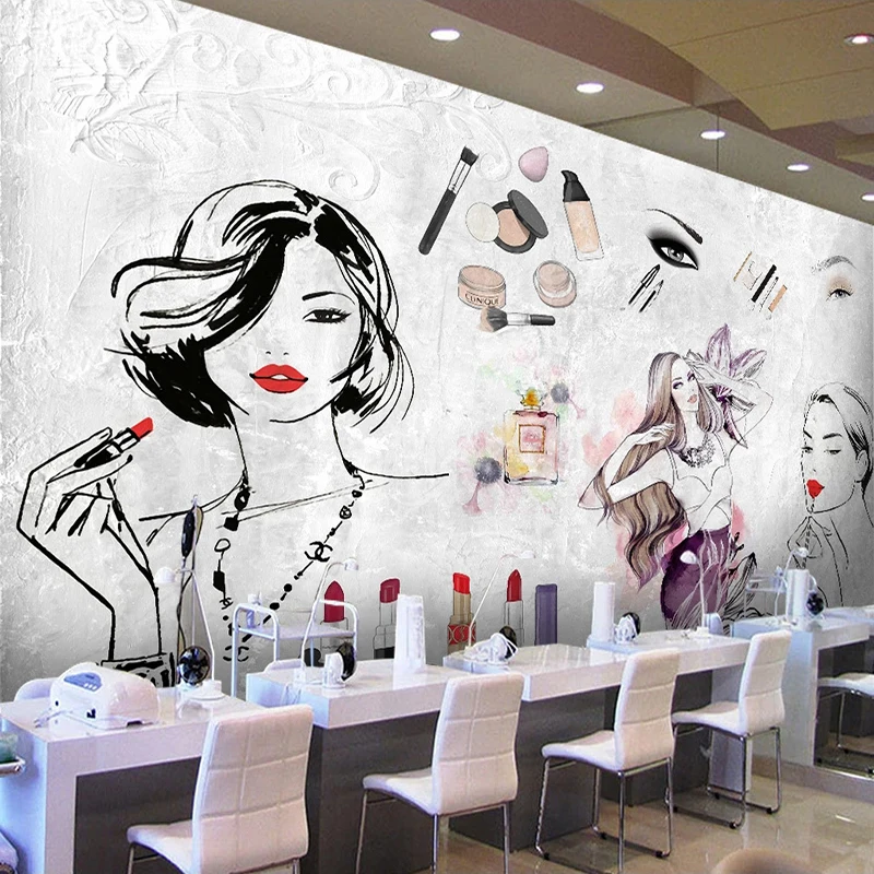 

Custom Wall Mural 3D European And American Fashion Watercolor Cosmetic Beauty Nail Shop Photo Wallpaper Background Wall Painting