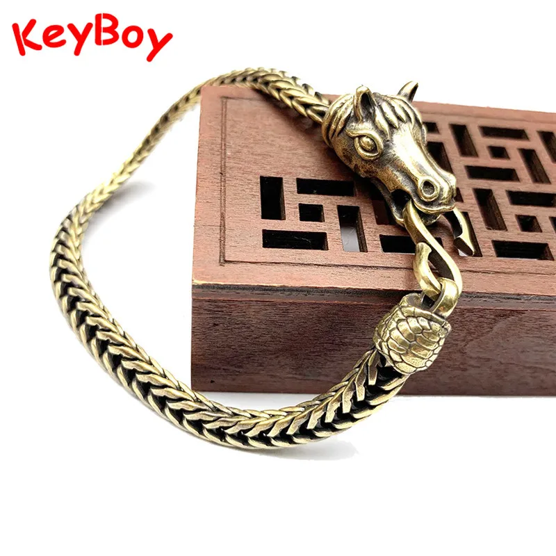 Zodiac Horse Pure Brass Hand Chain Bracelet Vintage Hip-Hop Men Bangle Wristband Handmade Copper Animal Head Punk Circle Jewelry