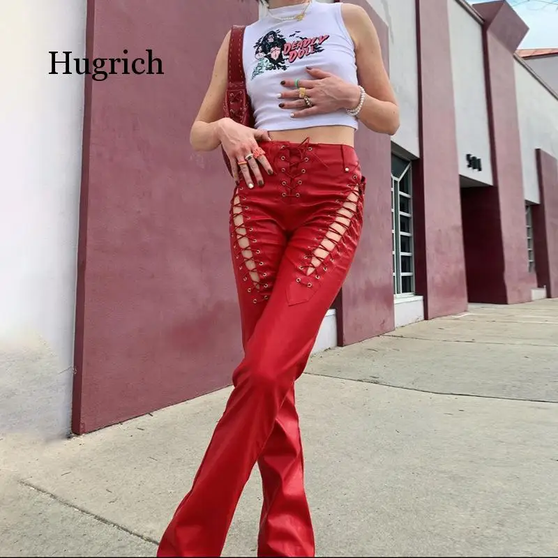 2021 Summer Fashion Women's New High Waist Hollow Out Strap Straight Leg Leather Pants