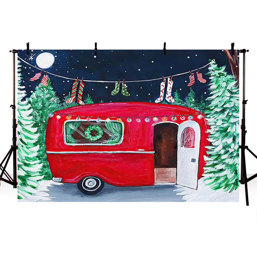 ฤดูหนาวพื้นหลังการถ่ายภาพคริสต์มาสต้นไม้ Santa ถุงเท้า Night สีแดง Caravan เด็ก Xmas ฉากหลัง Photo Studio Photozone Props Decor