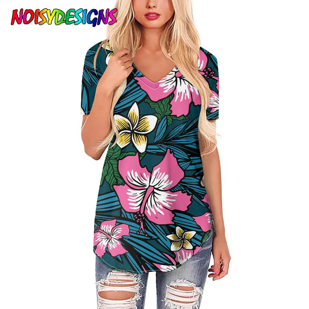 NOISYDESIGNS Women's Summer V Neck Casual T Shirts Loose Hawaiian Floral Prints T Shirt S-4XL 2021 Fashion Short Sleeve T-shirt