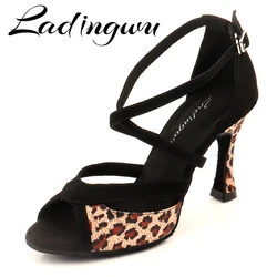 LadingwuSuede and Satin Latin Dance Shoes for Women, Salsa, Ballroom Dancing Shoes for Girls, Zebra and Leopard Soft Bottom Indo