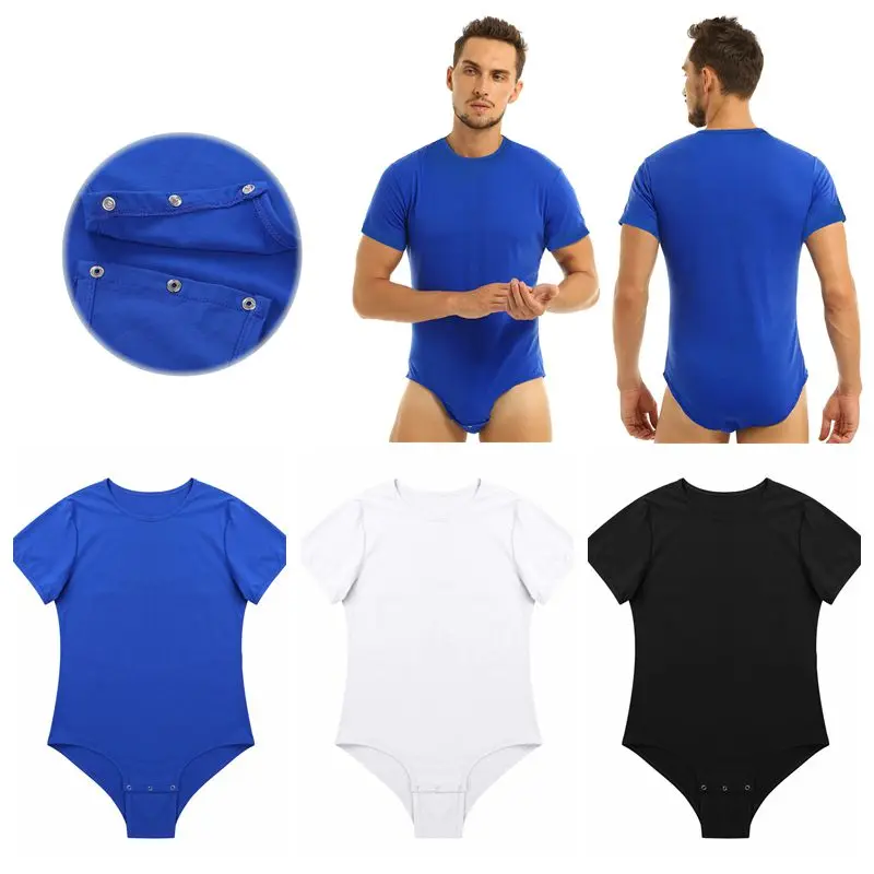 Men Adult Press Crotch T-shirt Bodysuit Sexy Lingerie One Piece Round Neck Short Sleeves Romper Pajamas Underwear Men's Clothing