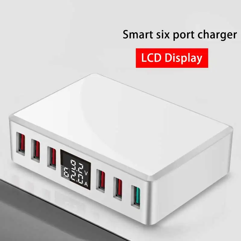 

Multi 6 port charger station for phone qc3.0 fast charger for samsung huawei new universal lcd display charger eu us uk au plug